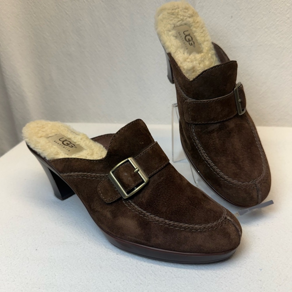 Rugged UGG Isabella Shearling Lined Brown Suede Mules Heel 3.25” Australia Made